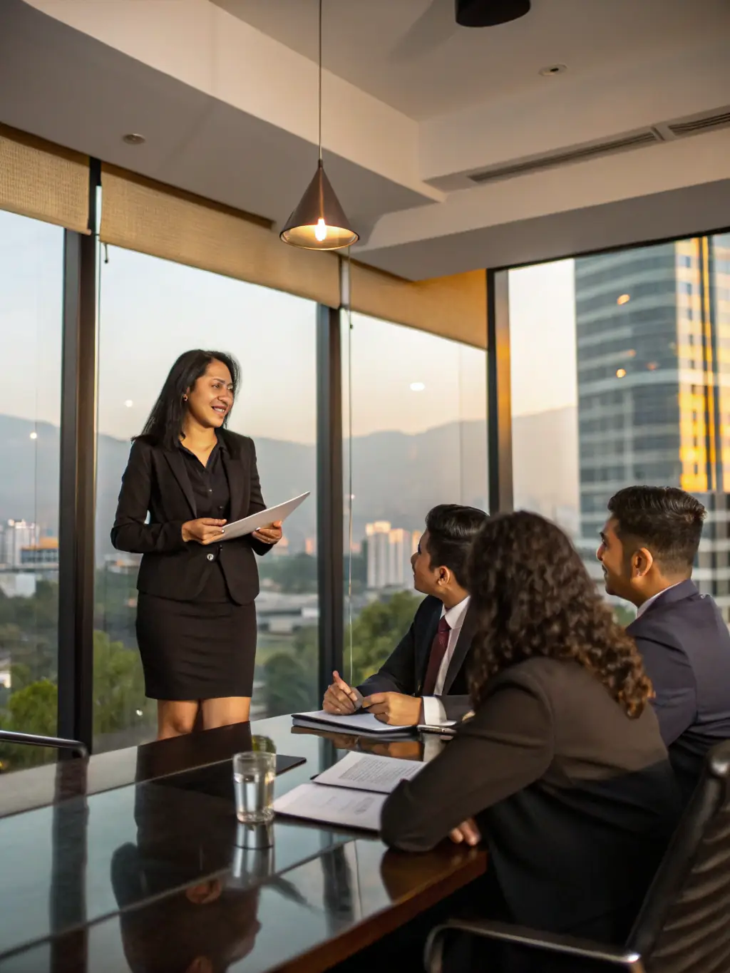 A professional Indian woman in a business suit confidently leading a team meeting in a modern office setting, symbolizing leadership and collaboration.